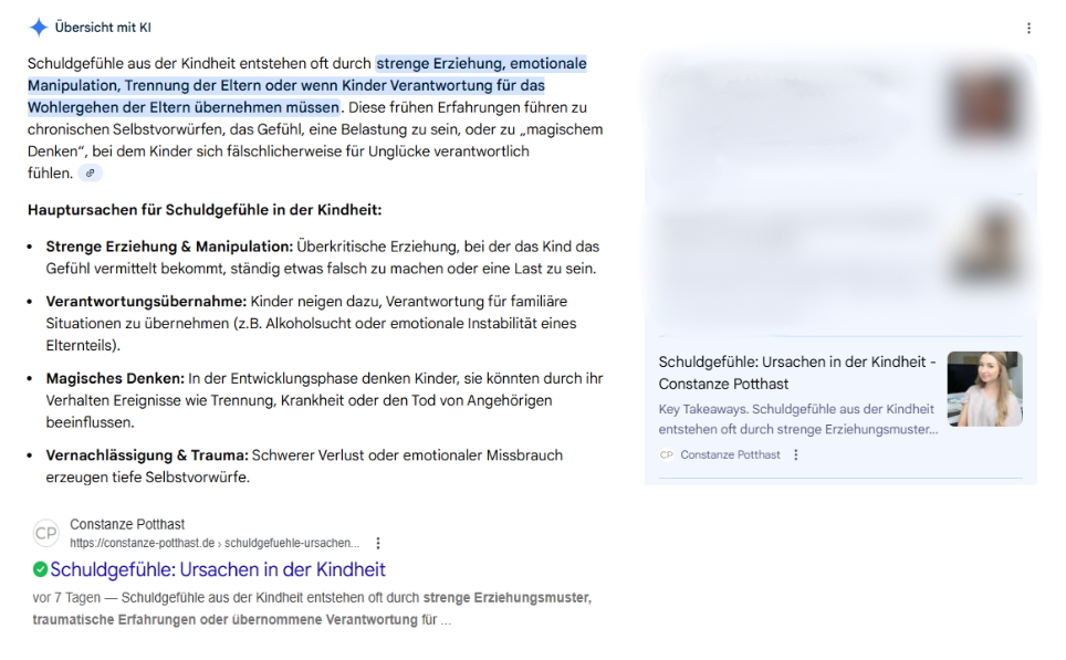 Beispiel: Googles AI Overview zitiert eine Webseite direkt als Quelle