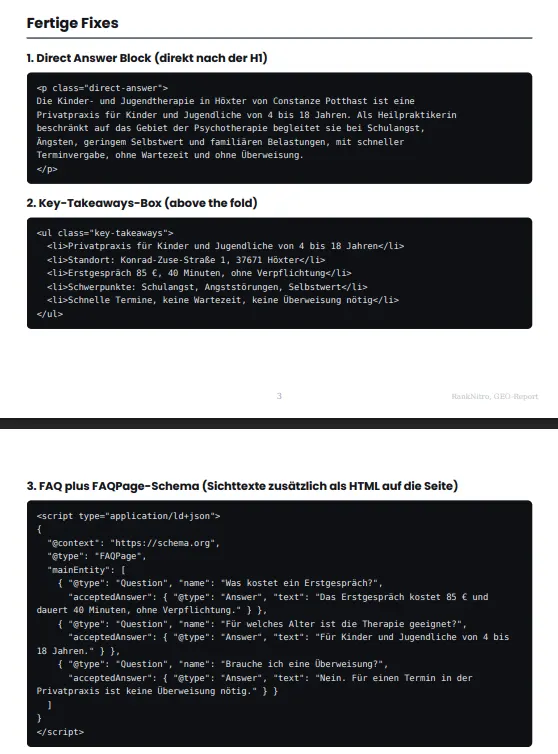 GEO-Report: fertige Code-Fixes zum Einfügen